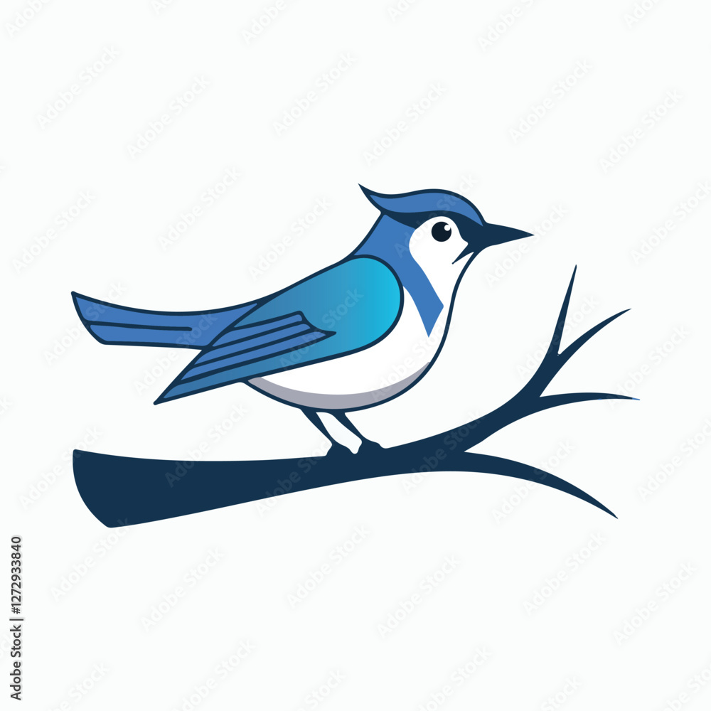 Fototapeta premium a logo featuring a stylized bluebird perched on a branch. The bird is depicted in a simple, geometric style with shades of blue, white, and black