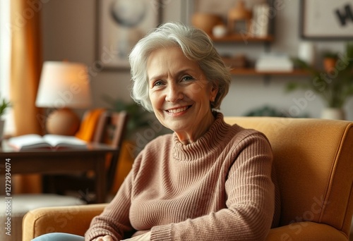 Warm, cozy room portrait of a 65-year-old female