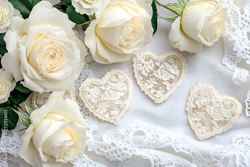 Vintage Women's Day design with antique lace hearts and vintage white roses on a classic white backdrop.