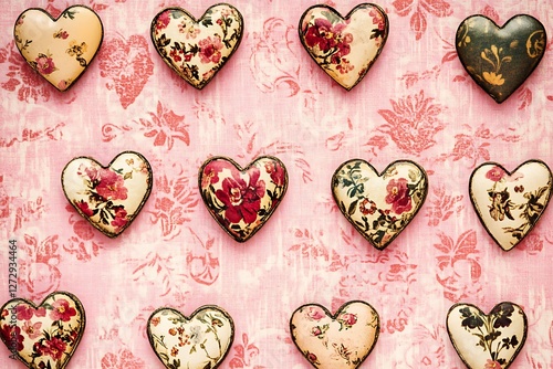 Vintage Women's Day banner with vintage hearts and antique floral patterns on a heritage pink backdrop.
