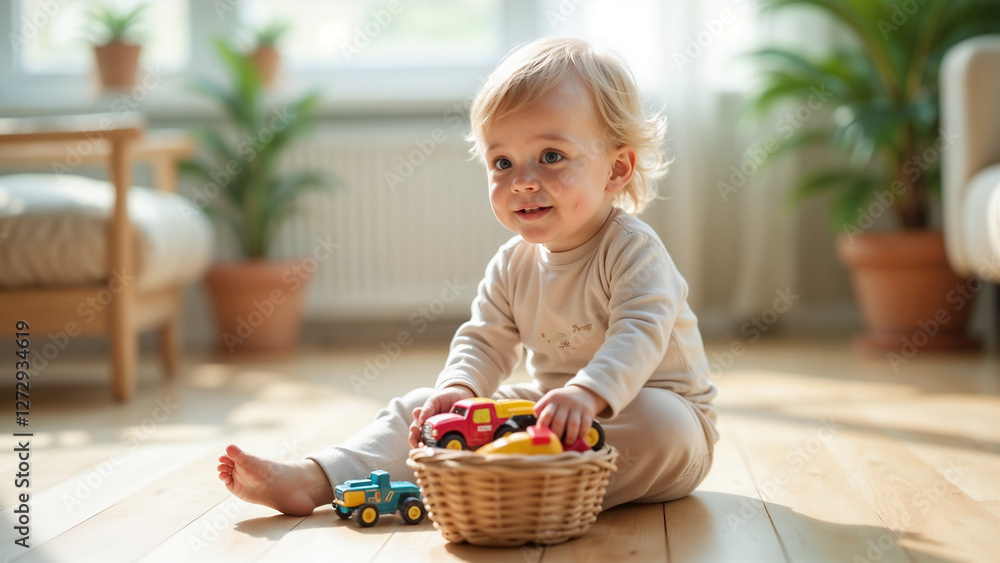 Baby playing happily with colorful toys in a sunlit room surrounded by plants Baby playing happily with colorful toys in a sunlit room surrounded by plants