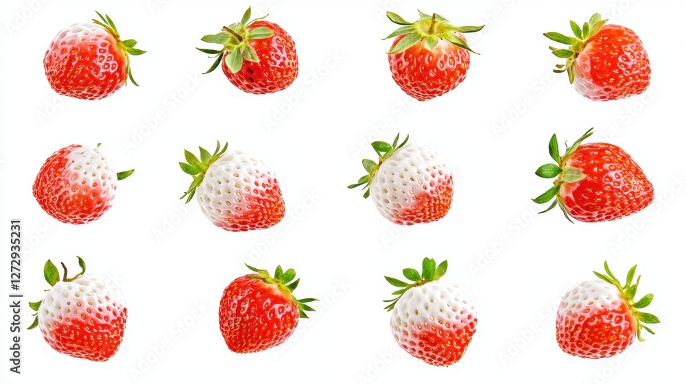 Assorted Fresh Strawberries Arranged in a Grid Pattern on a White Background Assorted Fresh Strawberries Arranged in a Grid Pattern on a White Background
