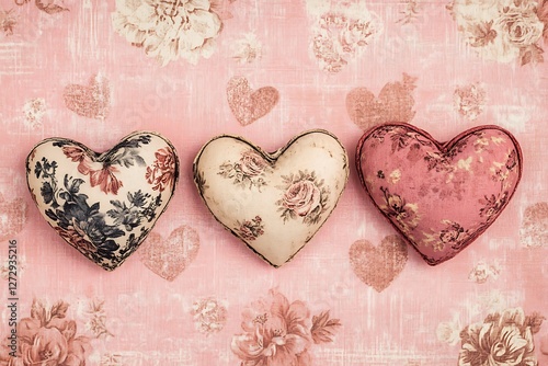 Vintage Women's Day banner with vintage hearts and antique floral patterns on a heritage pink backdrop.