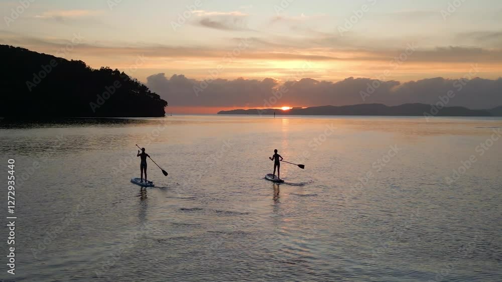 Drone silhouette view of two  paddle boarders on water at sunset