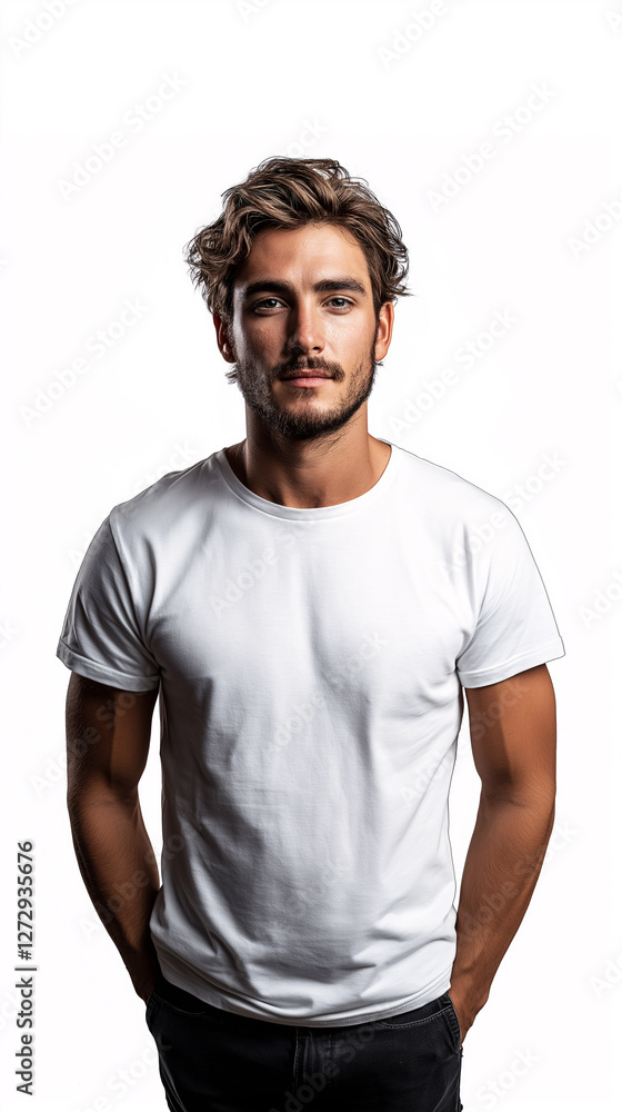 Stylish Male Model in a White T-Shirt Minimalist Fashion Portrait Stylish Male Model in a White T-Shirt Minimalist Fashion Portrait