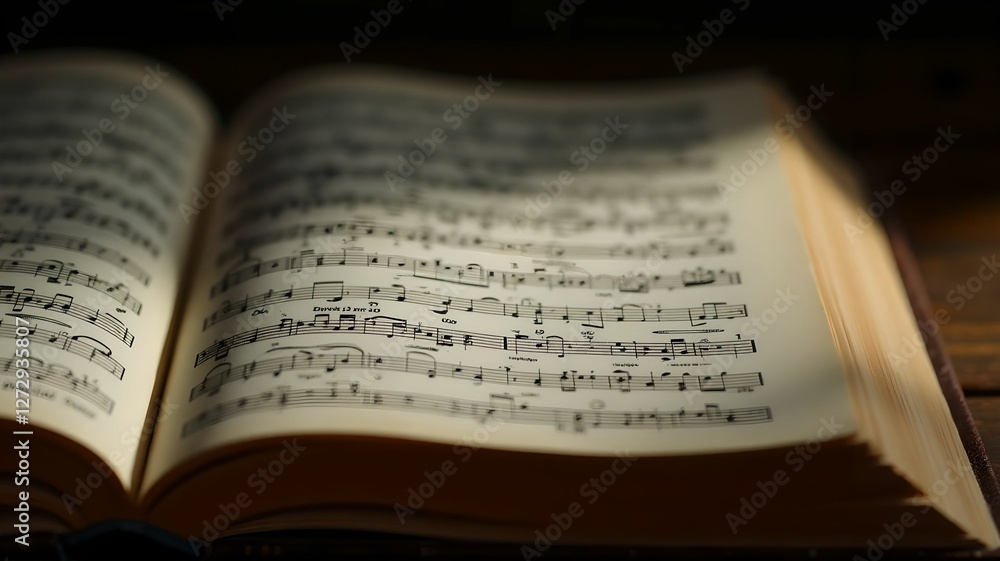 Open music book displaying sheet music on a rustic wooden surface in a dimly lit space Open music book displaying sheet music on a rustic wooden surface in a dimly lit space