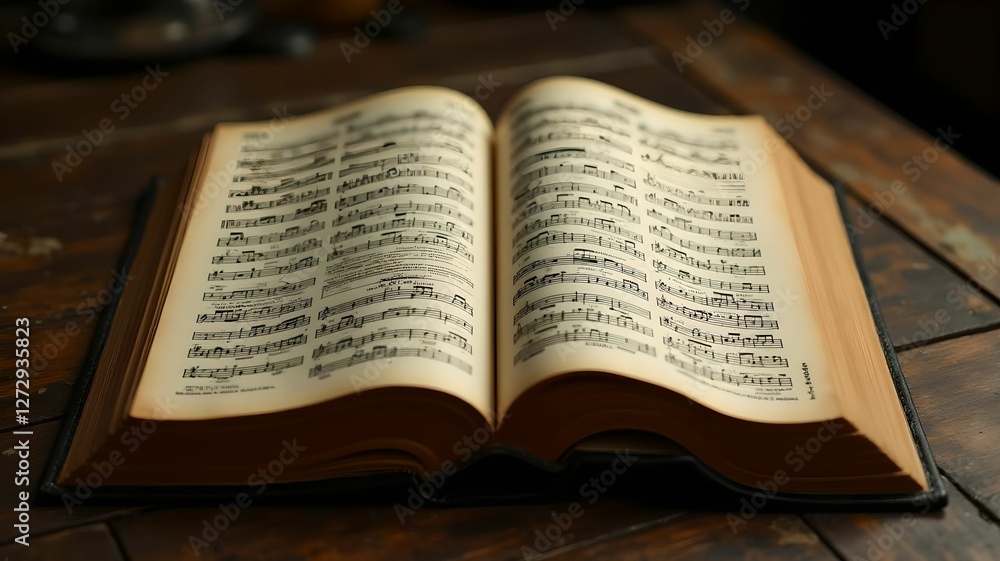 Fototapeta premium Open music book displaying sheet music on a rustic wooden surface in a dimly lit space