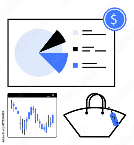Blue, black, and white pie chart with listed categories, trading graph with fluctuating line, and shopping bag with price tag. Ideal for finance, market analysis, e-commerce, business strategy