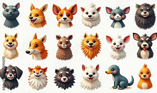 A charming collection of cute, stylized animal heads, perfect for childrens products, branding, and creative projects in pet and wildlife sectors. photo