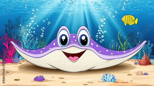 Playful cartoon stingray smiling underwater colorful marine environment fun animation scene photo