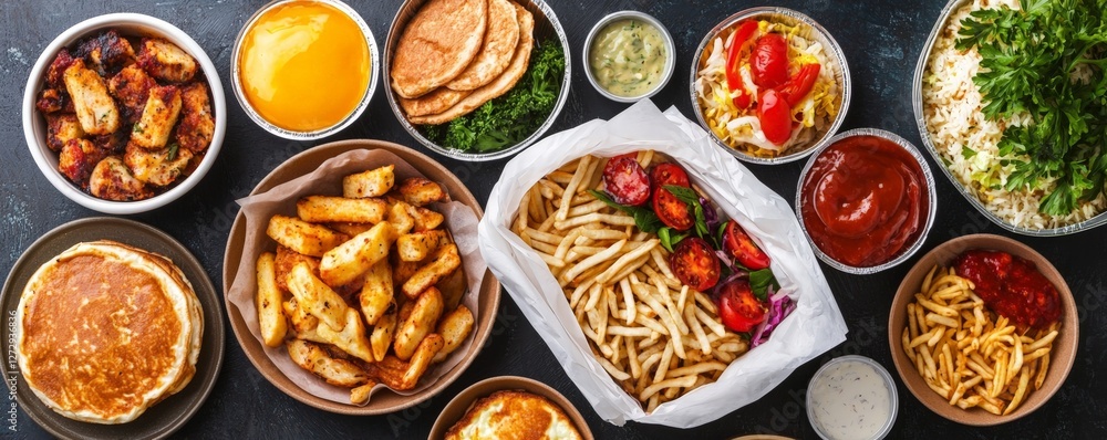 Delicious Spread of Various Dishes Including Fries, Chicken, Sauces, and Salads Delicious Spread of Various Dishes Including Fries, Chicken, Sauces, and Salads