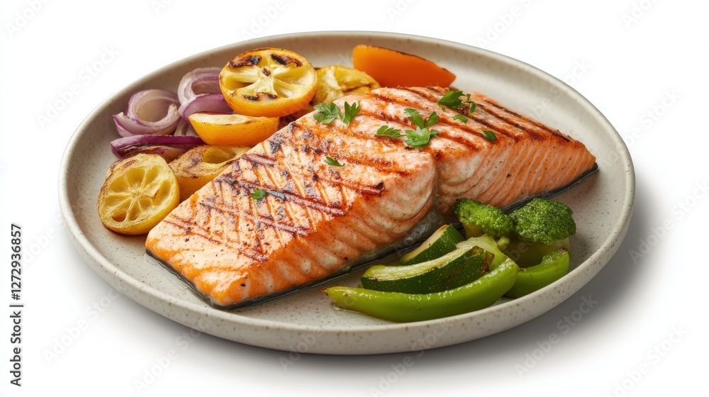 A heart-healthy dish of grilled salmon with vegetables on a plate. Featuring nutritious eating and wellness A heart-healthy dish of grilled salmon with vegetables on a plate. Featuring nutritious eating and wellness