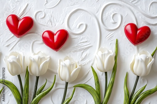 Whimsical Women's Day design with whimsical heart swirls and whimsical white tulips on a fanciful white canvas.