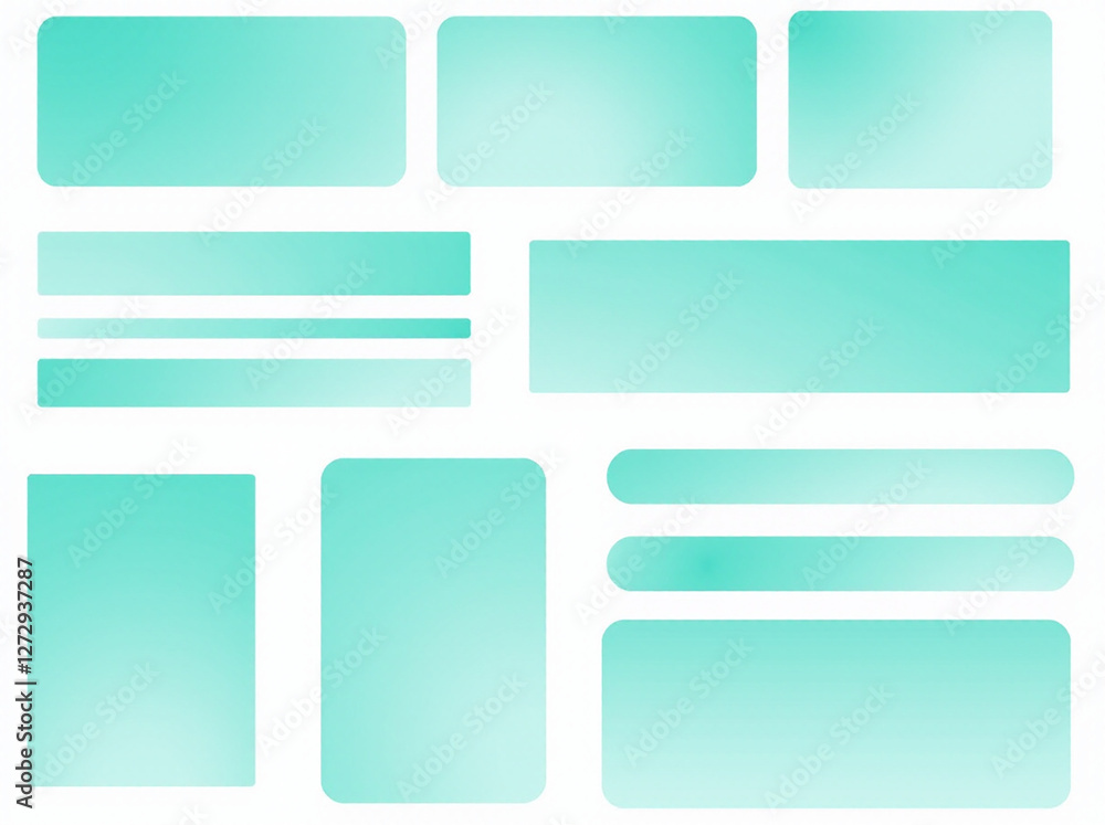 A collection of minimalist teal UI design elements, including various shapes and sizes of buttons, cards, and banners with a soft gradient effect. A collection of minimalist teal UI design elements, including various shapes and sizes of buttons, cards, and banners with a soft gradient effect.