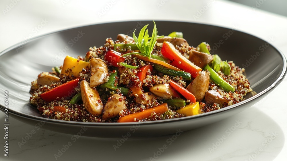 A heart-healthy quinoa and vegetable stir-fry on a plate, ready to eat. Featuring nutritious cooking and wellness A heart-healthy quinoa and vegetable stir-fry on a plate, ready to eat. Featuring nutritious cooking and wellness
