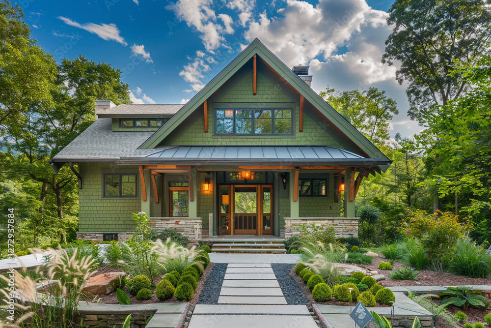 The facade of a contemporary moss green craftsman cottage style house, with a triple pitched roof, naturalistic landscaping, a clear walkway, and The facade of a contemporary moss green craftsman cottage style house, with a triple pitched roof, naturalistic landscaping, a clear walkway, and