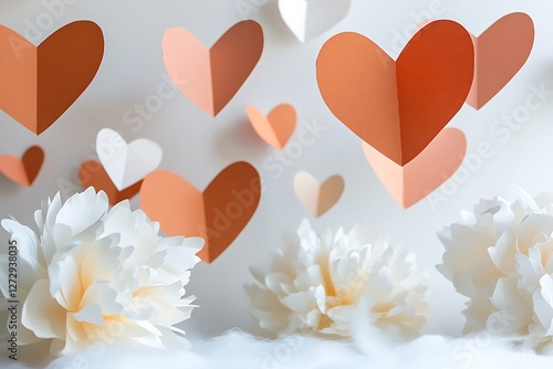 Whimsical Women's Day design with floating paper hearts and playful white peonies on a whimsical white backdrop.