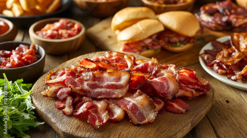 A wooden table with an assortment of dishes featuring bacon, including sandwiches, salads, and appetizers, creating a tempting culinary display. A wooden table with an assortment of dishes featuring bacon, including sandwiches, salads, and appetizers, creating a tempting culinary display.