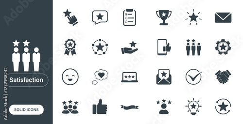 Vector icons related to satisfaction, customer reviews, positive feedback, and business success. Solid icons in a minimal and lightweight style.