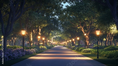 Streetlights glowing softly along a tree-lined road, casting long shadows and creating a peaceful evening atmosphere with a darkening sky.