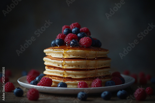 Pancake Day. a pile of pancakes with caramel syrup and berries scattered around . a dish for shrove tuesday or the end of carnival photo