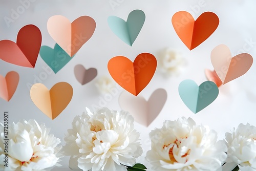 Whimsical Women's Day design with floating paper hearts and playful white peonies on a whimsical white backdrop.