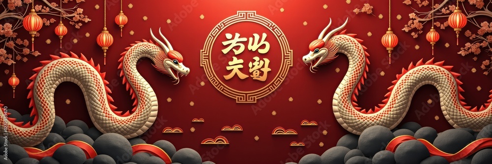 Obraz premium A stunning illustration of two golden dragons against a rich red background, perfect for celebrating Chinese New Year or enhancing Chinese cultural themes in design projects.