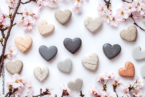 Zen Women's Day banner with zen stone hearts and tranquil cherry blossoms on a meditative white canvas.