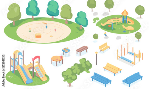 Isometric Park Set Illustration with Playgrounds and Benches for Urban Planning