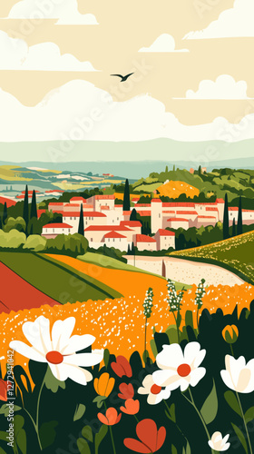 Vintage Narbonne Occitanie Tourism Poster with French Countryside Landscape Art