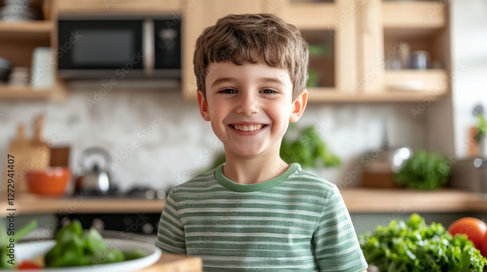 Happy child in a kitchen smiling proudly while surrounded by fresh vegetables and healthy ingredients, embodying joy and the importance of healthy eating habits. Happy child in a kitchen smiling proudly while surrounded by fresh vegetables and healthy ingredients, embodying joy and the importance of healthy eating habits.