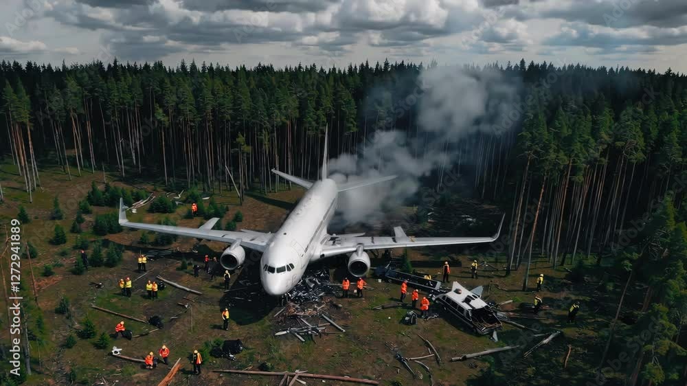 Top down shot of a plane crash in the middle of a forest, surrounded by towering pines. Emergency responders, including firefighters and paramedics, work amid smoke and wreckage to secure the scene.