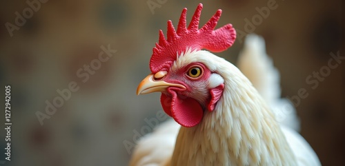 Close-up of a majestic white chicken, showcasing its vibrant colors and details. Perfect for projects related to farming, poultry, or food.