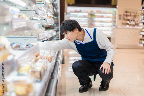 食品スーパーで品出しをする若いスタッフ