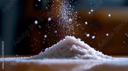 Isolated Pile Of White Icing Sugar On Plain Wooden Surface From Above