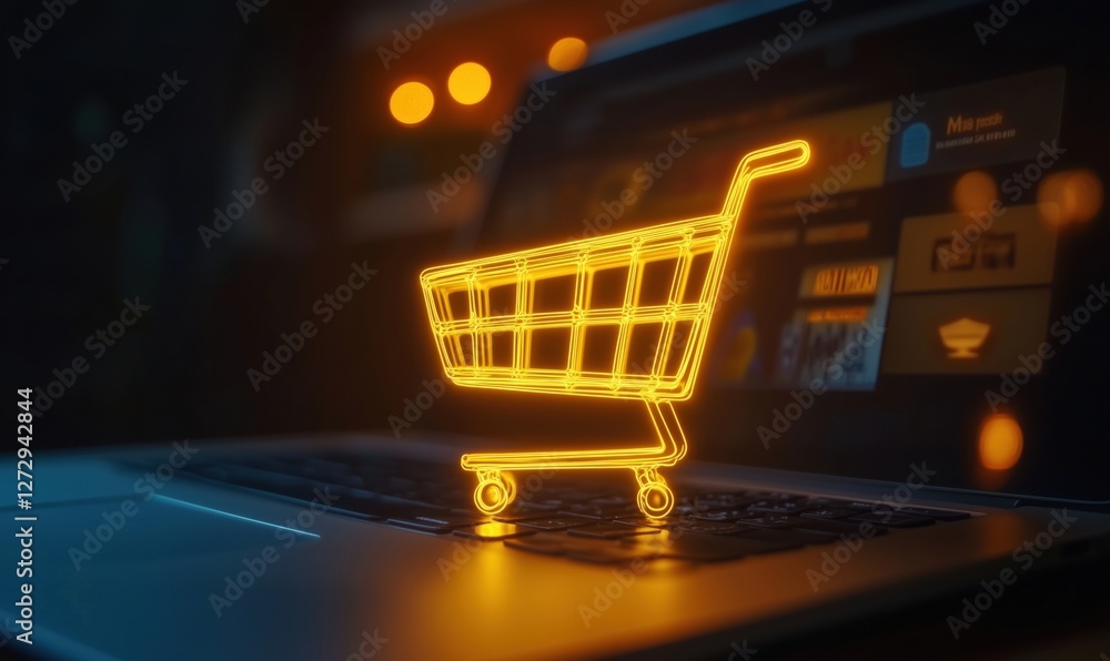 Shopping cart icon glowing on laptop screen representing online shopping experience Shopping cart icon glowing on laptop screen representing online shopping experience