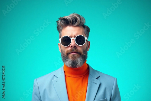 man with beard pompadour in 60s 70s style attire photo