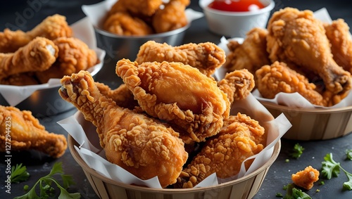 Fried Chicken - Crispy, golden fried chicken pieces or buckets.