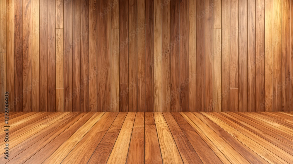 Naklejka premium A spacious wooden interior featuring warm-toned planks on both walls and floor, creating a cozy and inviting atmosphere.