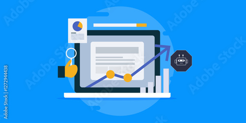 Digital business growth using AI technology, company revenue graph moving upward, monitoring sales chart with magnifier in hand concept.