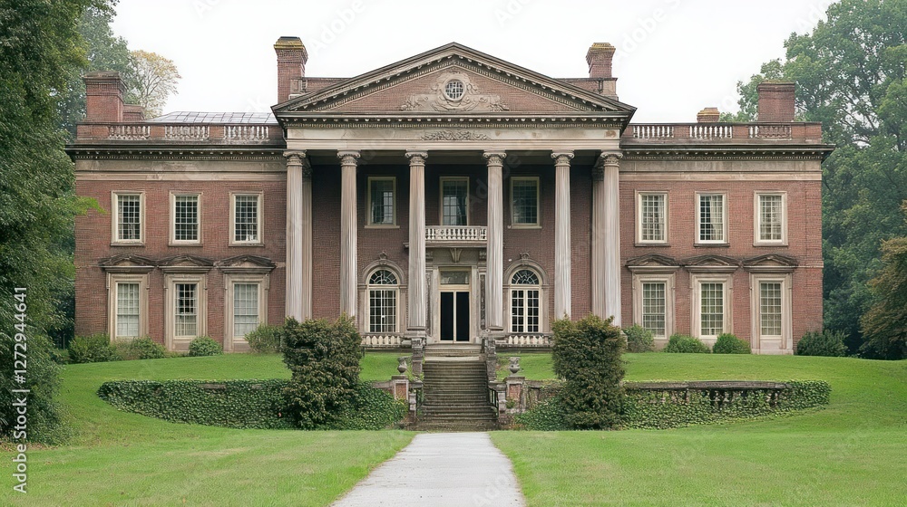 Fototapeta premium Historic brick mansion facade, formal gardens, estate grounds, tranquil setting