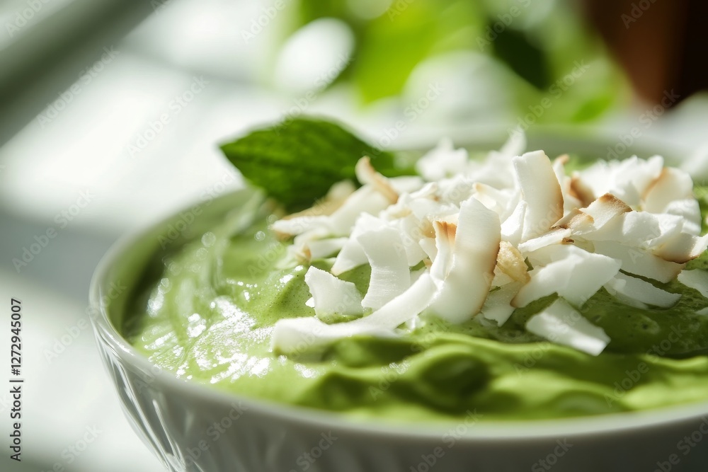 Smooth and vibrant green matcha bowl showcases a delicate topping of coconut flakes. Natural light enhances freshness and simplicity for a nutritious meal or snack Smooth and vibrant green matcha bowl showcases a delicate topping of coconut flakes. Natural light enhances freshness and simplicity for a nutritious meal or snack