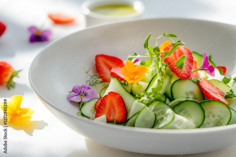 Delicate cucumber spirals and juicy strawberry slices are beautifully arranged in a white bowl, accented by vibrant edible flowers and complemented by soft natural light Delicate cucumber spirals and juicy strawberry slices are beautifully arranged in a white bowl, accented by vibrant edible flowers and complemented by soft natural light