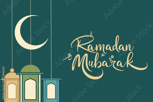 Stylish Ramadan Mubarak Design with Arabic Calligraphy, Lanterns & Crescent Moon