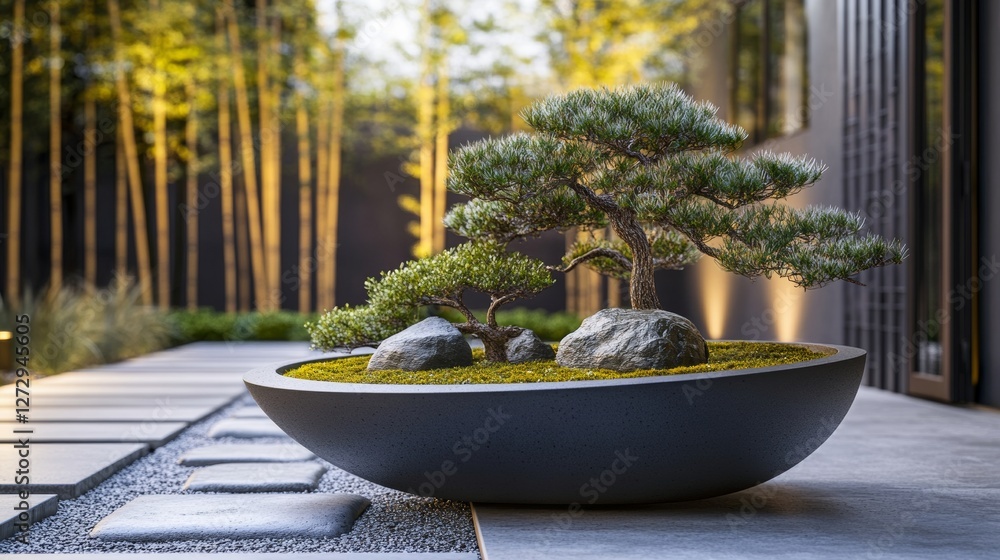 Industrial-style long round planter, matte black fiberstone, holding sculpted bonsai trees, positioned in a contemporary Japanese zen garden, soft mist floating around, moody lighting