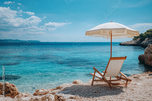 Tropical beach with lounge chairs and umbrella by the ocean