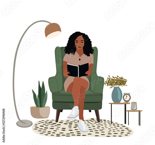 Girl reading book, sitting in armchair in living room. Young black woman in chair at home with literature. Businesswoman reader. Flat vector realistic illustration isolated