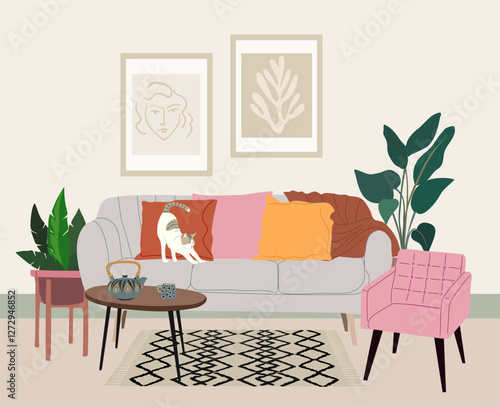 Living room with furniture and decor. Cozy apartment furnished with sofa, armchair, coffee table. Mid century modern home interior design with house plants, pictures, carpet. Flat vector illustration.