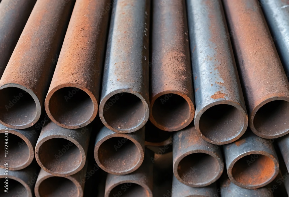 Stacked Metal Pipes Close-Up View. Industrial Materials Showing Signs of Aging. Rust and Wear Evident. Construction Materials. Cylindrical Pipes with Hollow Centers. Texture. Raw Materials.
