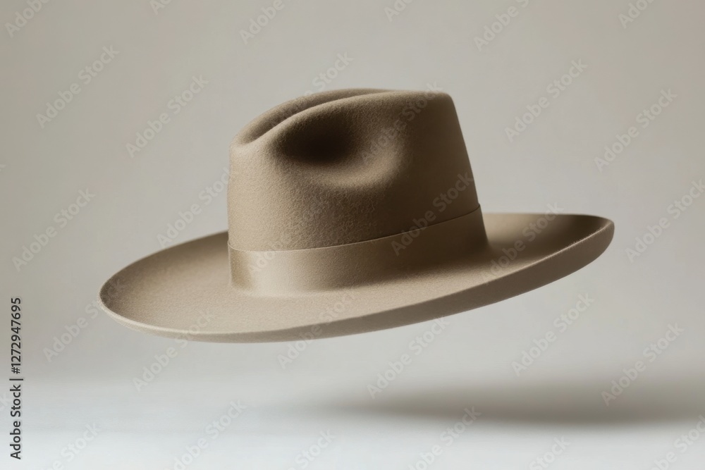Elegant tan fedora hat floating serenely in a studio space Elegant tan fedora hat floating serenely in a studio space